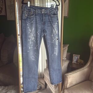 True Religion Brianna Jeans Women's 31 Skinny Blue Denim Paint Splat Button Fly